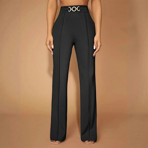 Damen Elegante Hochtaillierte Stoffhose mit diagonalen Nähte und dekorativem Gürtel Drune