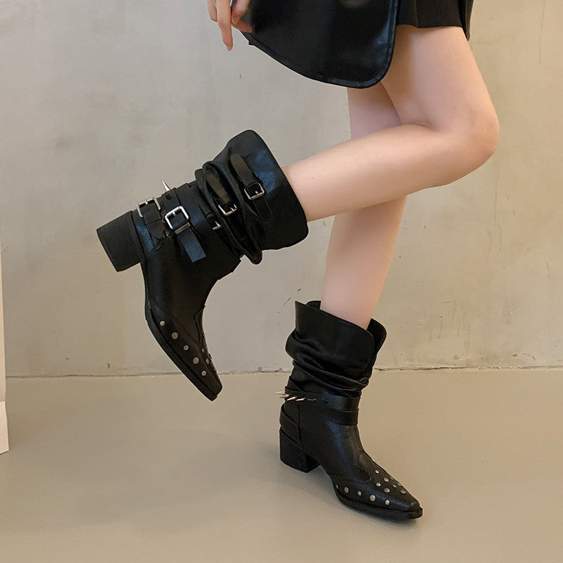 Damen Modische Stiefeletten mit Schnallen und Nieten Drune