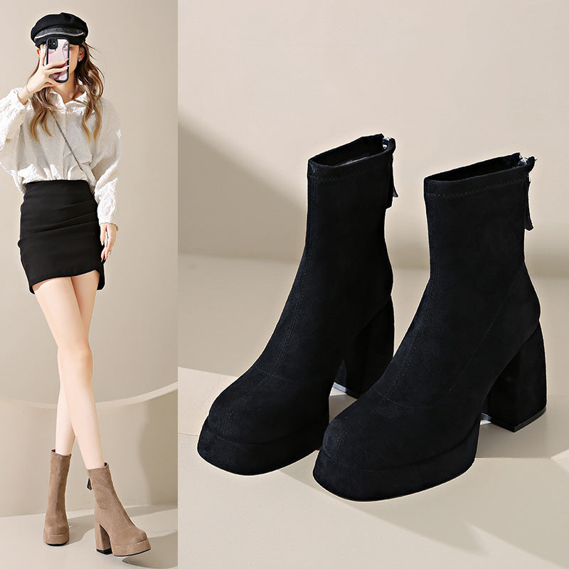 Damen Plateau‑AnklDruneoots aus Veloursleder mit hohem Blockabsatz Drune