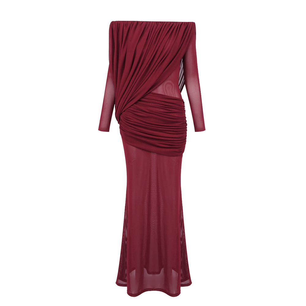 Damen Langarm Maxikleid mit Drapier-Design und schulterfreiem Ausschnitt Drune