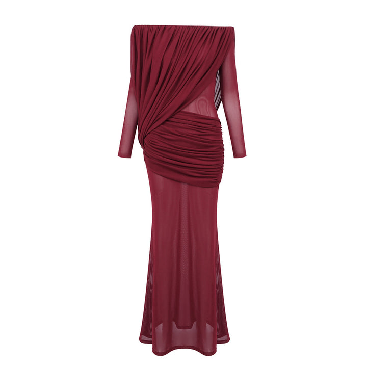 Damen Langarm Maxikleid mit Drapier-Design und schulterfreiem Ausschnitt Drune