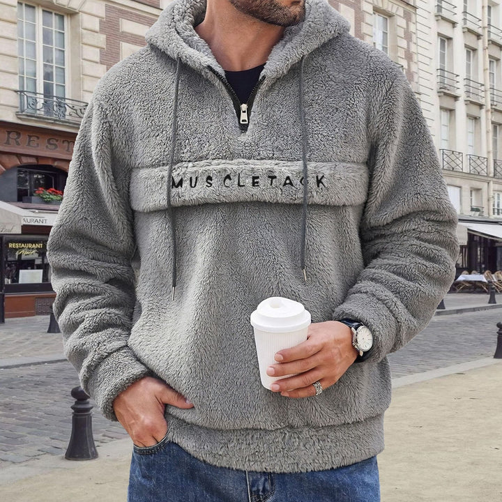 Herren Teddy-Fleece Kapuzenpullover mit halbem Reißverschluss, Kängurutasche und weichem Innenfutter Drune