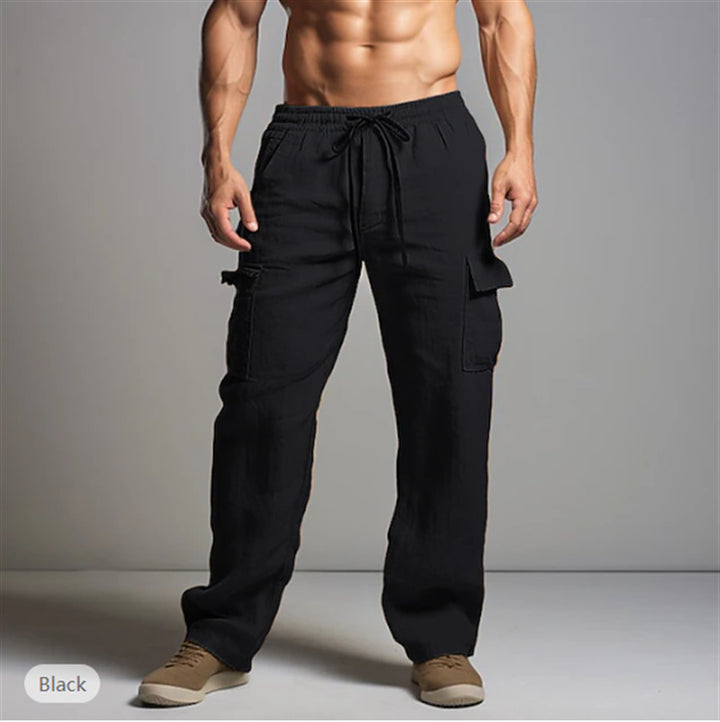 Herren leichte Leinen Cargohose mit elastischem Bund und großen Seitentaschen Drune