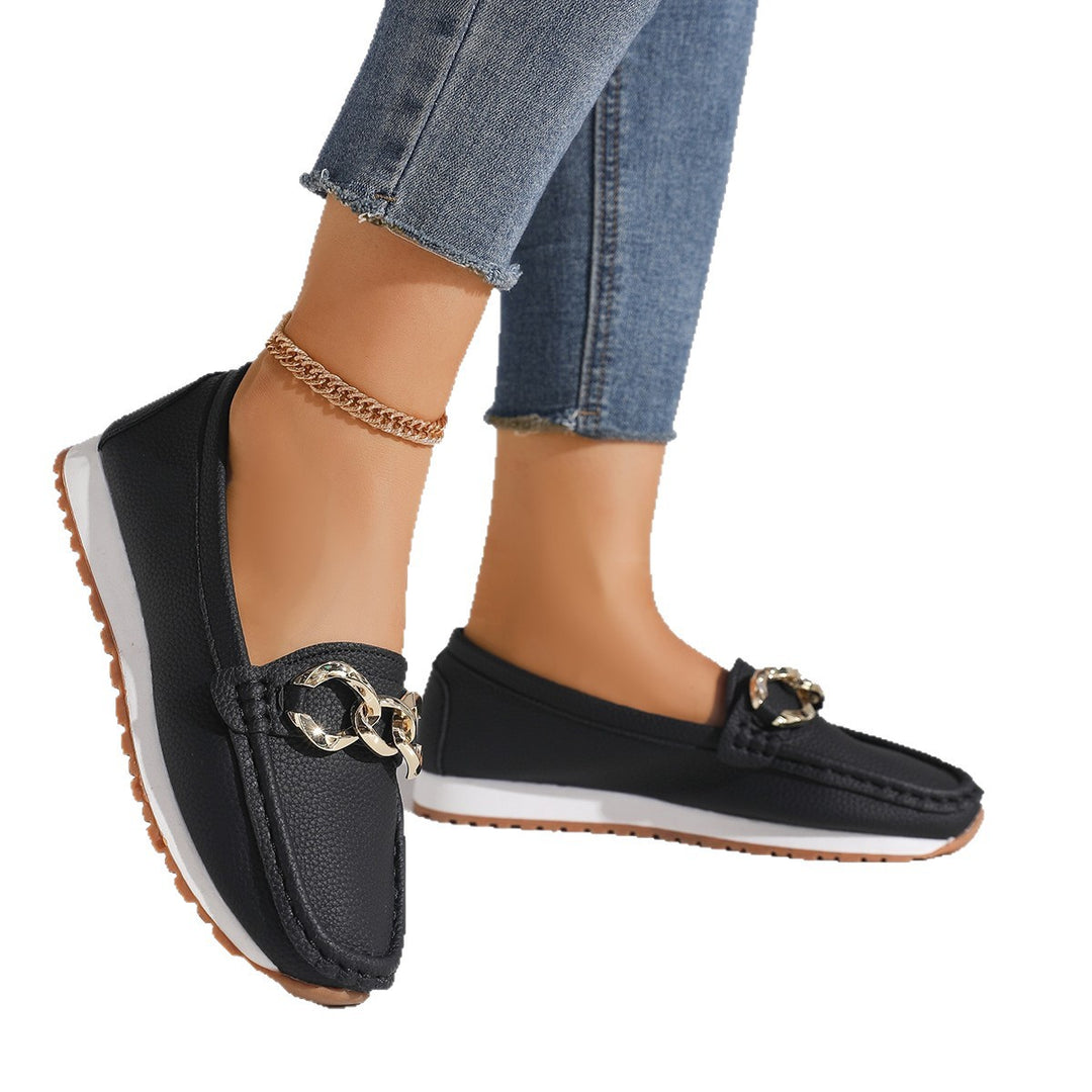 Damen Modische Mokassin‑Slipper mit goldener Gliederkette und profilierter Gummisohle Drune