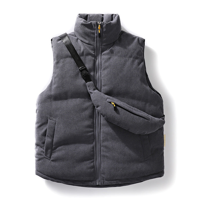 Herren Gepolsterte Feincord-Steppweste mit hohem Stehkragen und integrierter Crossbody-Gürteltasche Drune