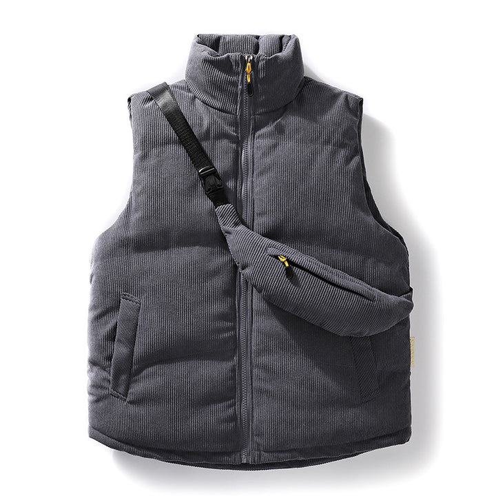Herren Gepolsterte Feincord-Steppweste mit hohem Stehkragen und integrierter Crossbody-Gürteltasche Drune