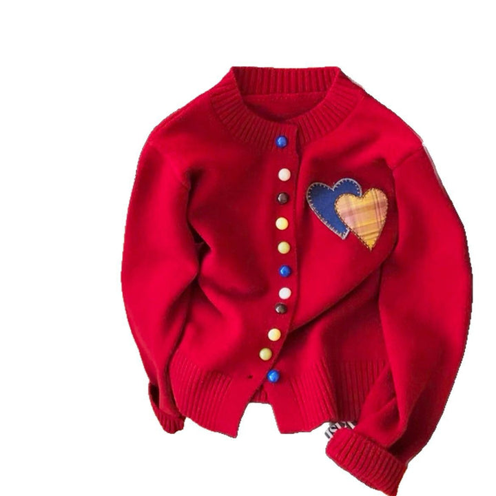 Damen Strickjacke mit Herzapplikationen und bunten Knopfdetails Drune