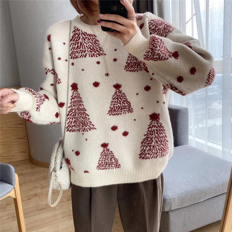 Damen gemütlicher Pullover mit Weihnachtsbaum-Muster Drune