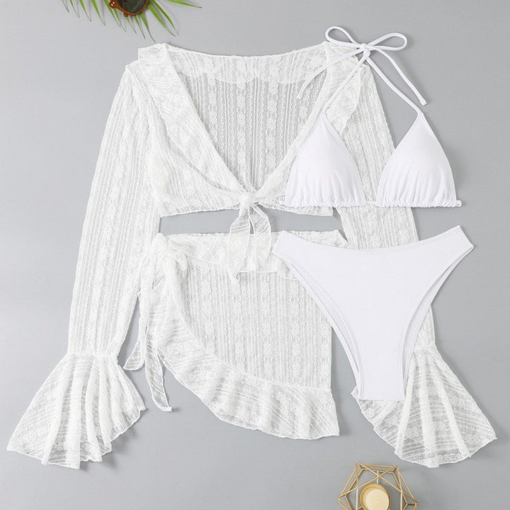 Damen Bikini-Set mit transparentem Oberteil, hohem Taillenslip und luftigem Rock Drune