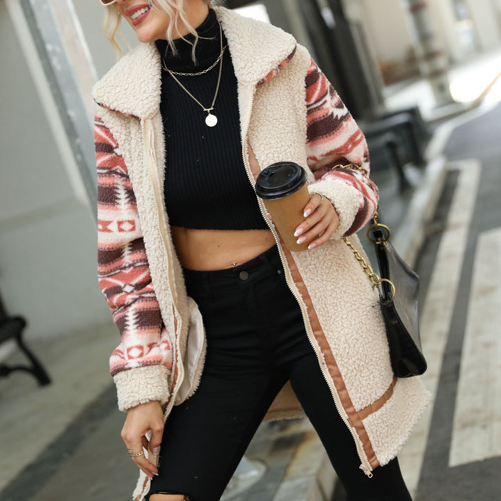 Damen Fleecefutter lange Jacke mit modischem Muster und praktisch integrierten Taschen Drune
