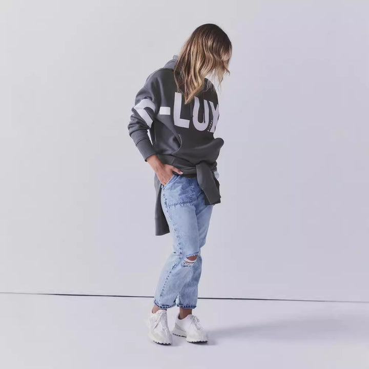 Damen Oversized Kapuzenpullover mit markantem Logoprint, Kängurutasche und Seitenschlitzen Drune