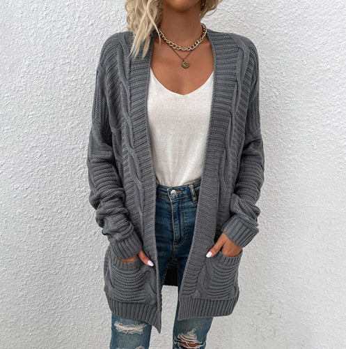 Damen Grobstrickjacke mit tiefem V-Ausschnitt und praktischen Taschen Drune