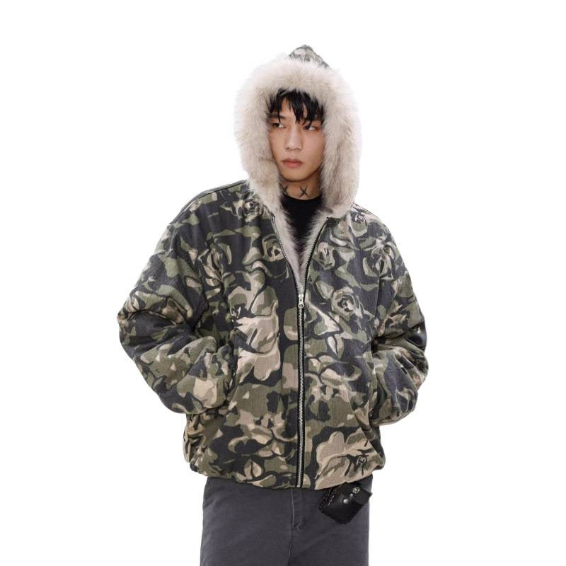 Herren Warmer gefütterter Camouflage-Bomber mit Kapuze und Kunstfellbesatz Drune