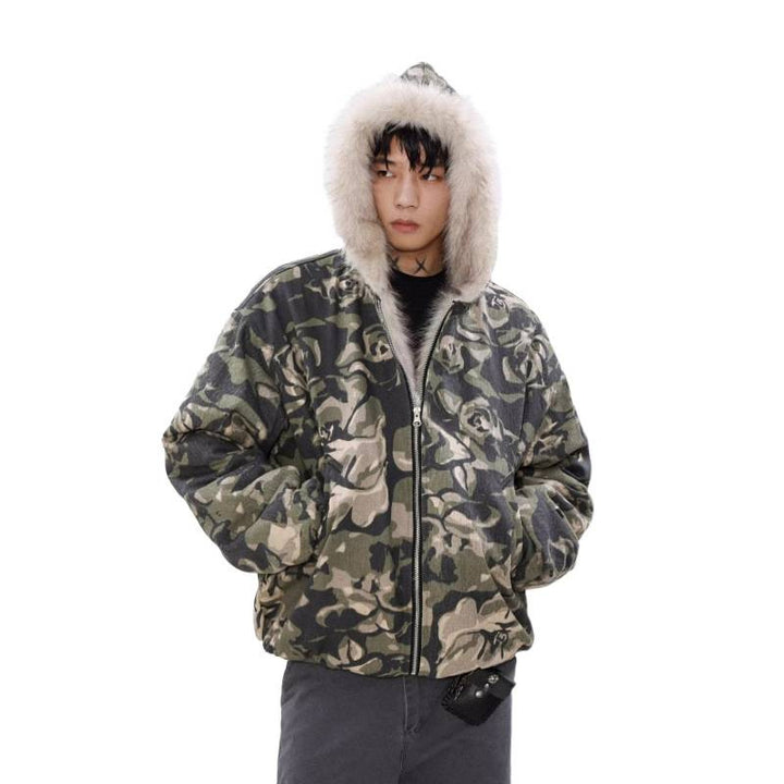 Herren Warmer gefütterter Camouflage-Bomber mit Kapuze und Kunstfellbesatz Drune