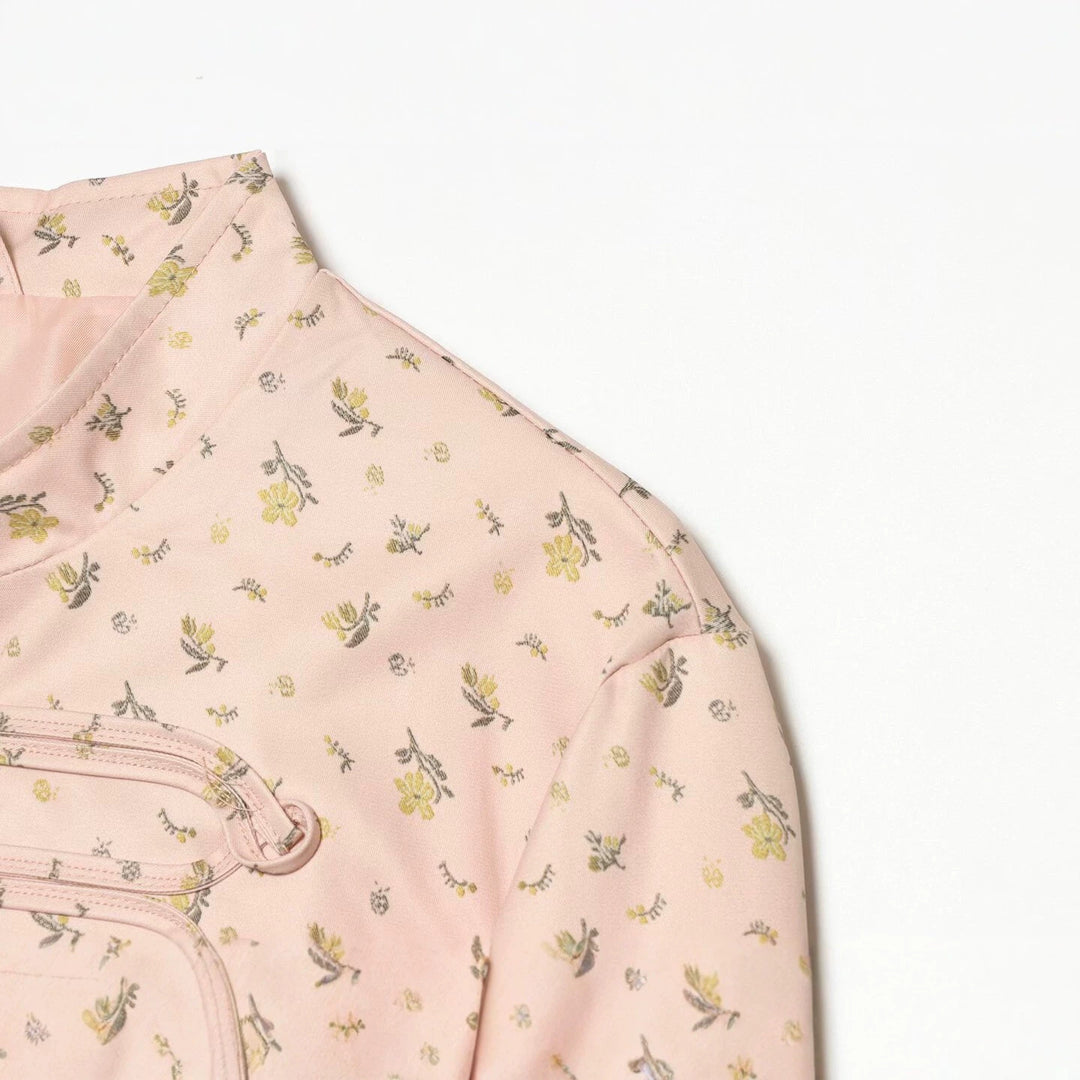 Damen Kurz geschnittene Satin-Militärjacke mit dekorativen Froschverschlüssen und Blumenprint Drune