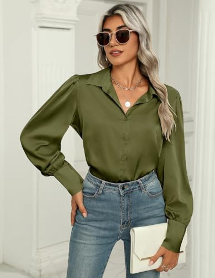 Damen Seidenoptik-Bluse mit Hemdkragen, verdeckter Knopfleiste und langen Manschetten Drune