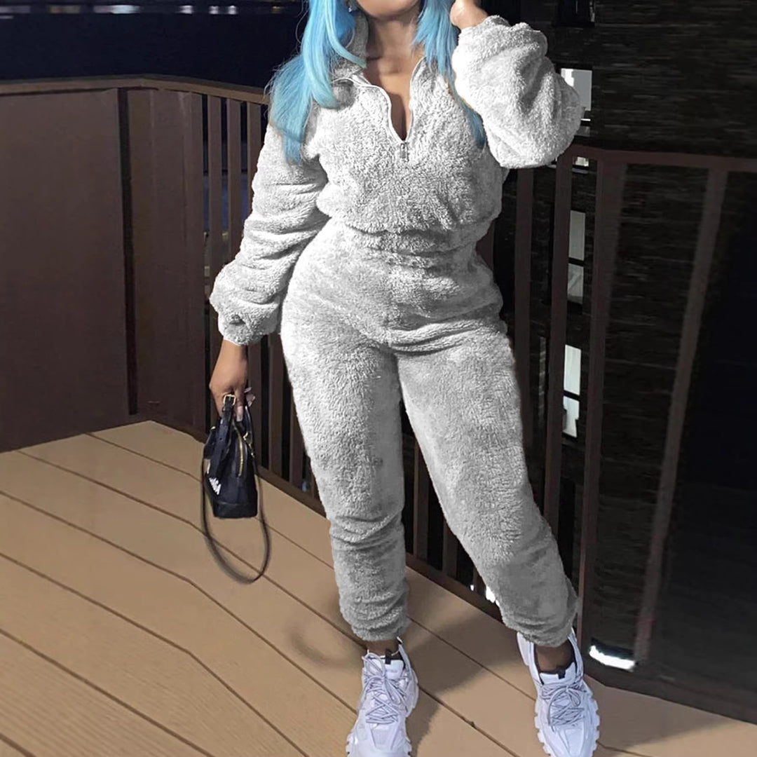 Damen nan kuscheliges Teddy-Lounge-Set mit Halbzip und Highwaist-Jogger Drune
