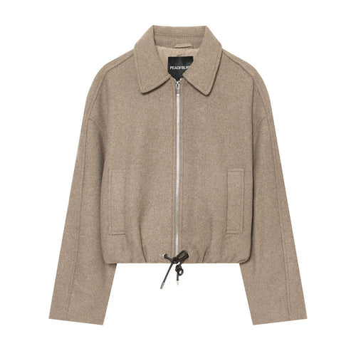 Damen nan kurze Wolljacke mit durchgehendem Reißverschluss, Umlegekragen und Kordelzugsaum Drune