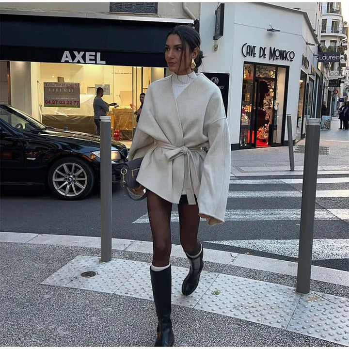 Damen trendige Wickeljacke aus weichem Stoff mit Gürtel und langen Ärmeln Drune