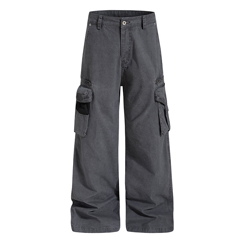 Damen Weite High‑Waist Canvas-Cargohose mit Multi‑Taschen und Netz-Details Drune