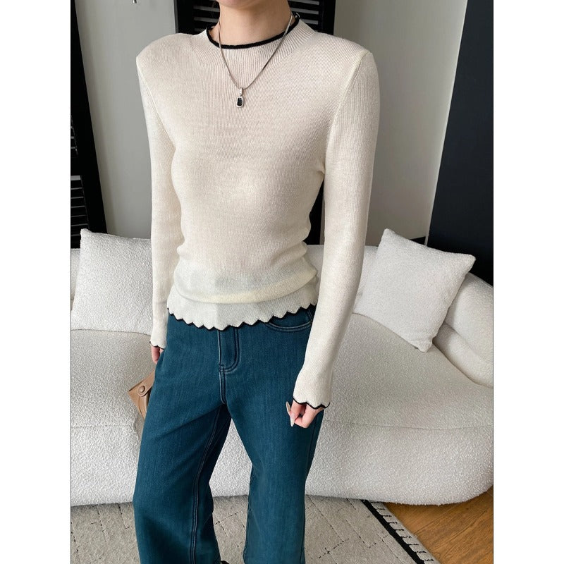 Damen eleganter Pullover mit wellenförmigem Saum und feiner Rippstruktur Drune