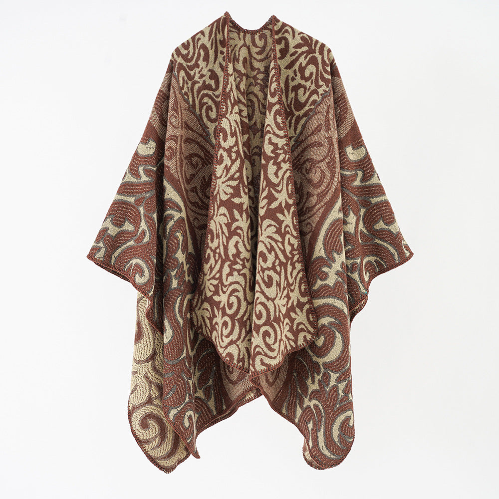 Damen Ornamentaler Jacquard-Capeponcho mit offenem Fall und kastiger Silhouette Drune