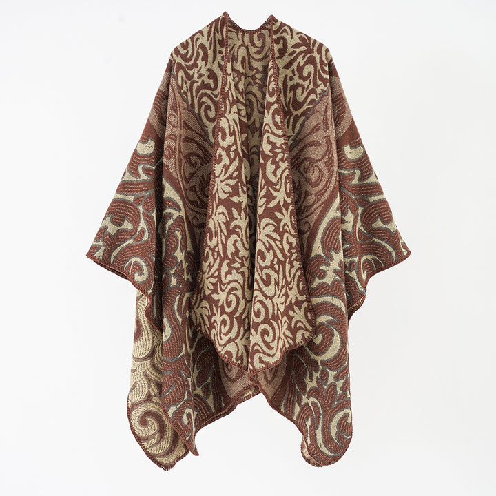 Damen Ornamentaler Jacquard-Capeponcho mit offenem Fall und kastiger Silhouette Drune