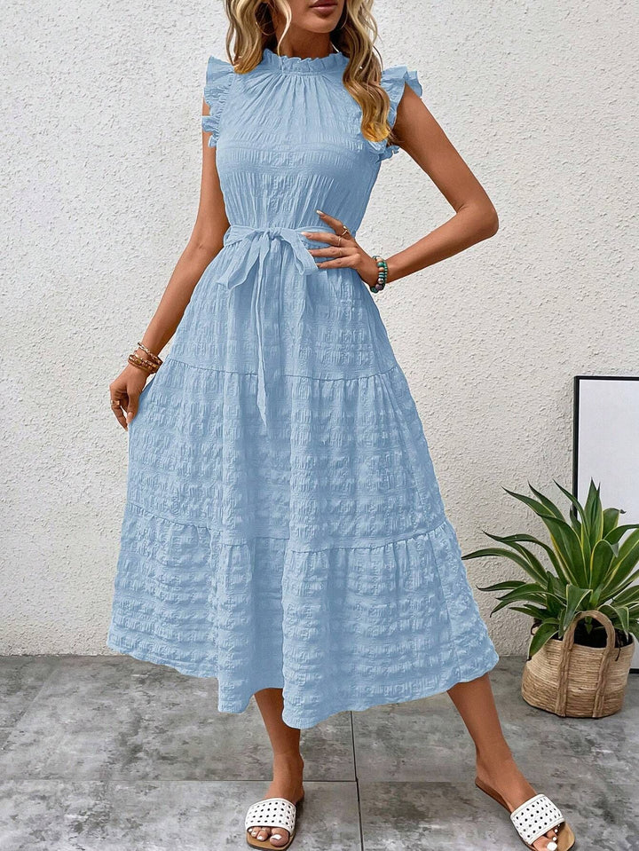 Damen Midikleid mit Stehkragen, Rüschenärmeln und Taillengürtel Drune