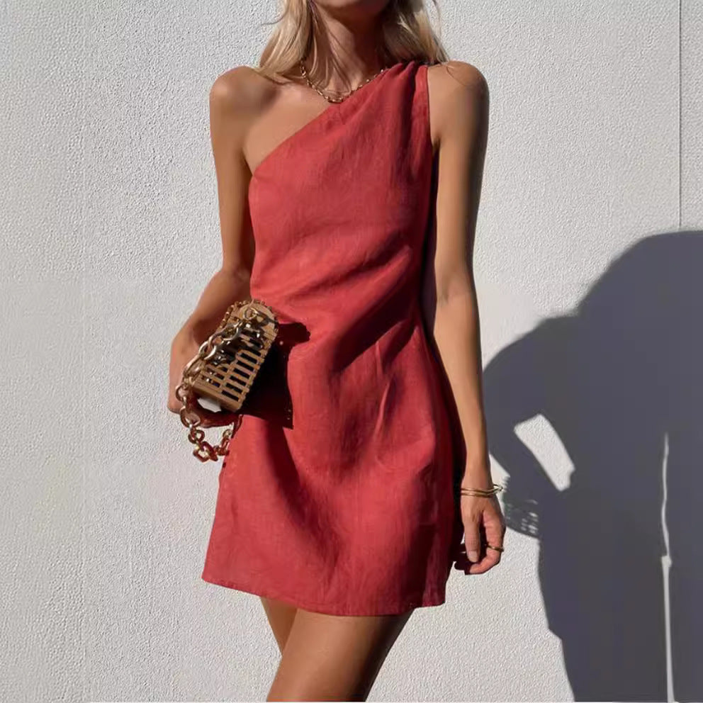 Drune | Einfarbiges Slim Fit One-Shoulder Pendelkleid
