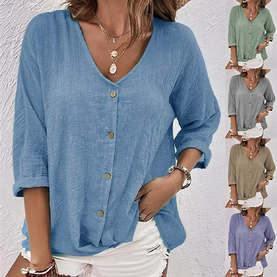 Damen lockere V-Ausschnitt Bluse im Leinenlook mit Knopfleiste und hochrollbaren Dreiviertelärmeln Drune