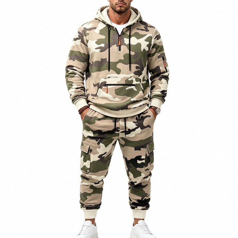 Herren Camouflage Kapuzensweatshirt- und Jogginghose Set mit Cargo-Taschen und Reißverschlüssen Drune