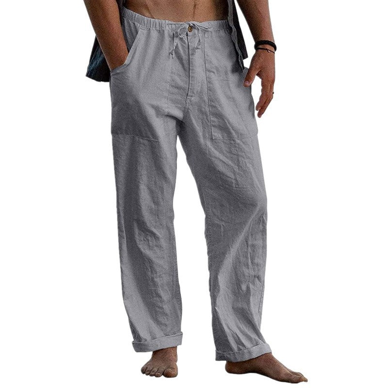 Herren lockere Leinenhose mit Gummibund und aufgesetzten Seitentaschen Drune