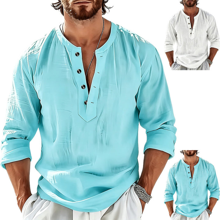 Herren Leichtes Leinen-Henley-Langarmshirt mit Mandarin-Kragen Drune