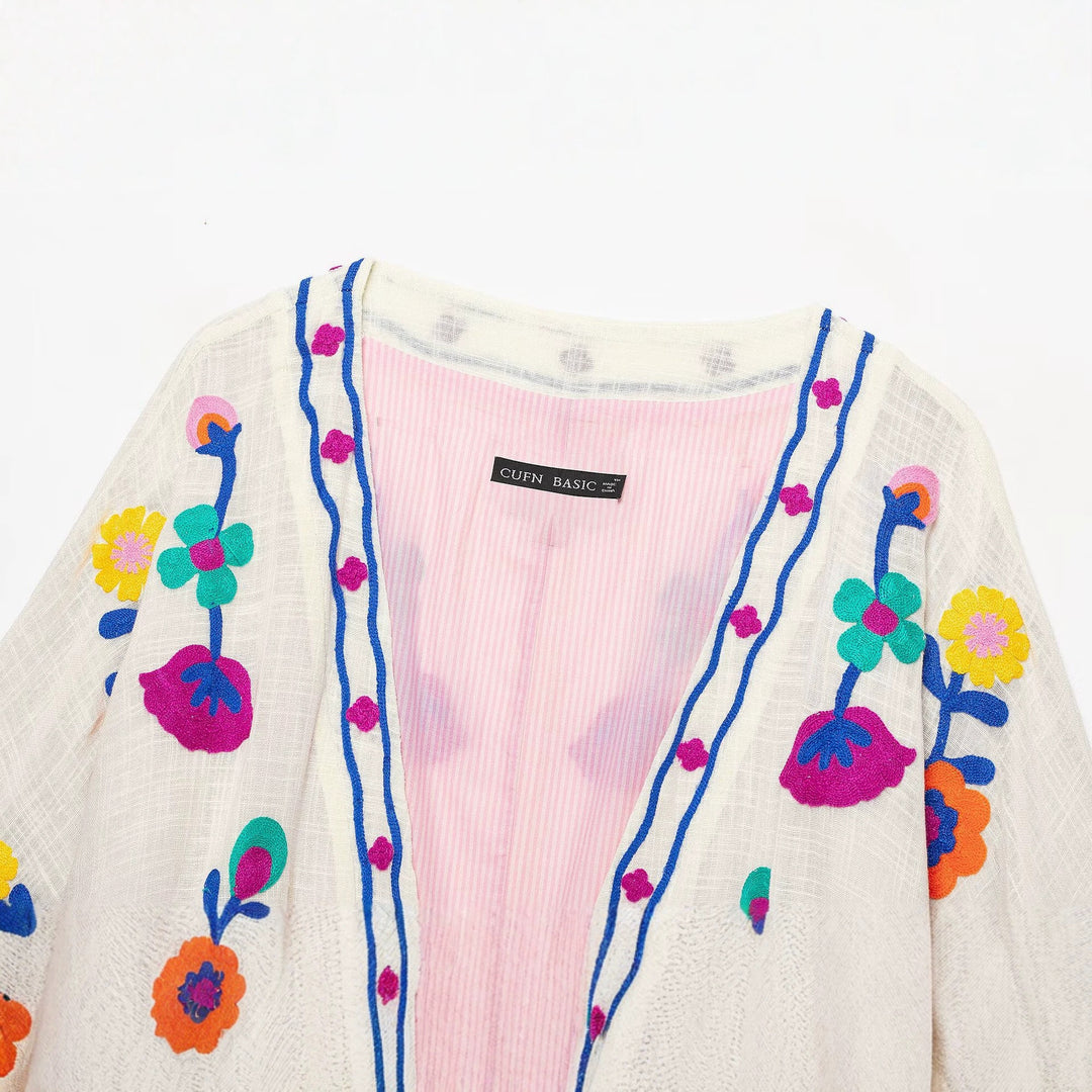 Damen Bestickter Kurz-Kimono mit floralem Stick und Bindegürtel Drune