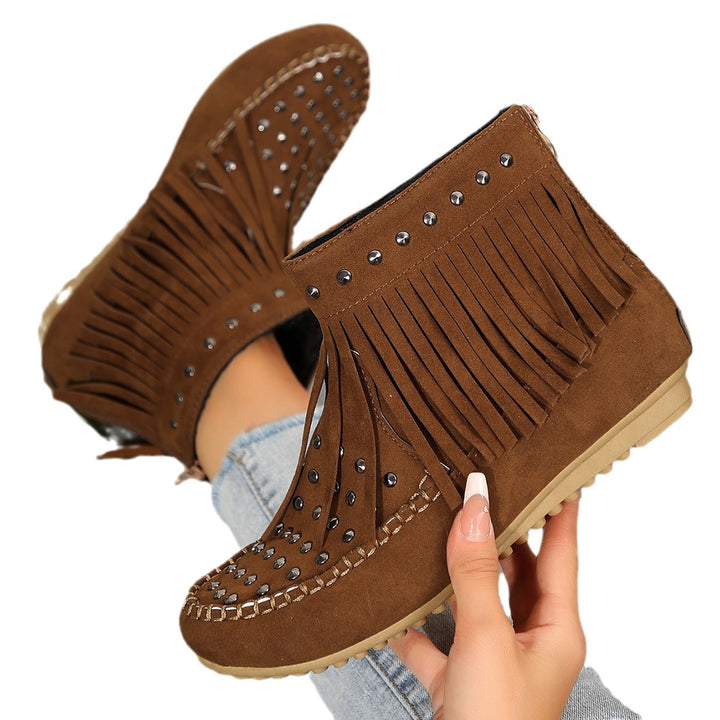 Damen Fransen‑Ankleboots im Mokassinstil mit Nieten und Rückenreißverschluss Drune