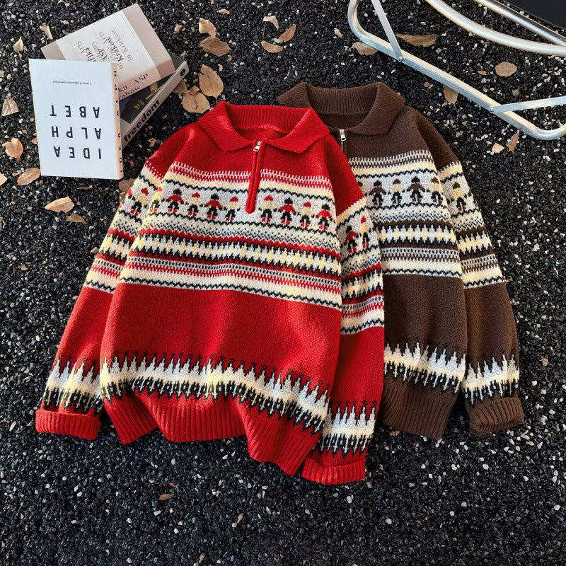 Damen Jacquard-Halbzip-Pullover mit Polokragen und Norweger‑Intarsie Drune