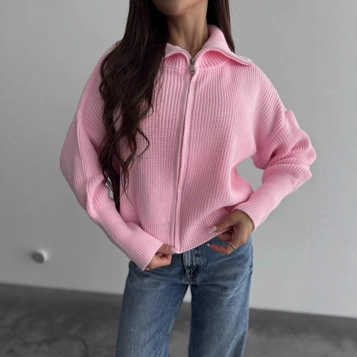 Damen Grobstrick-Zipper-Cardigan mit Ballonärmeln und Stehkragen Drune