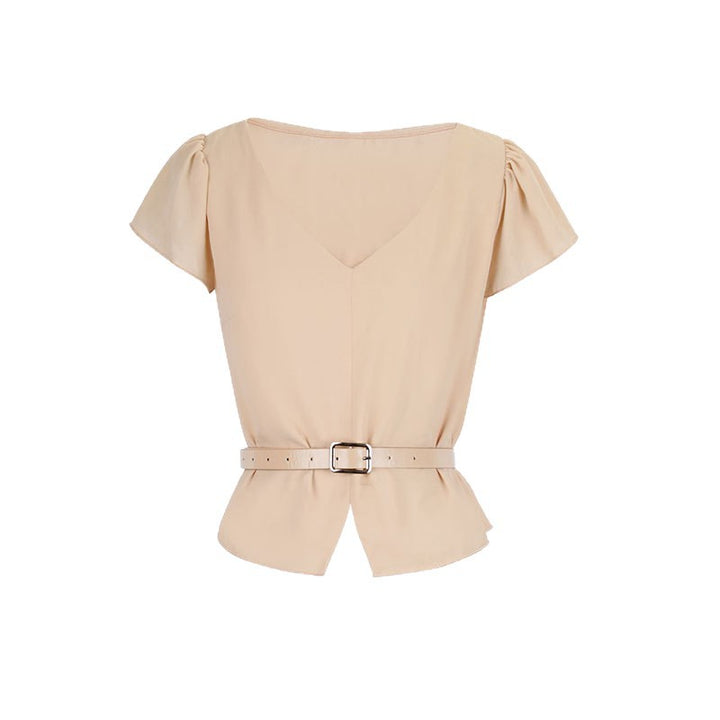 Damen Blusenshirt mit Taillengürtel und elegantem V-Ausschnitt Drune