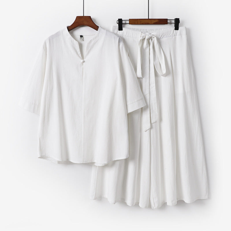 Damen Lässiges Leinen-Viskose Lounge-Set mit Stehkragen-Oberteil und weiten Palazzo-Hose Drune