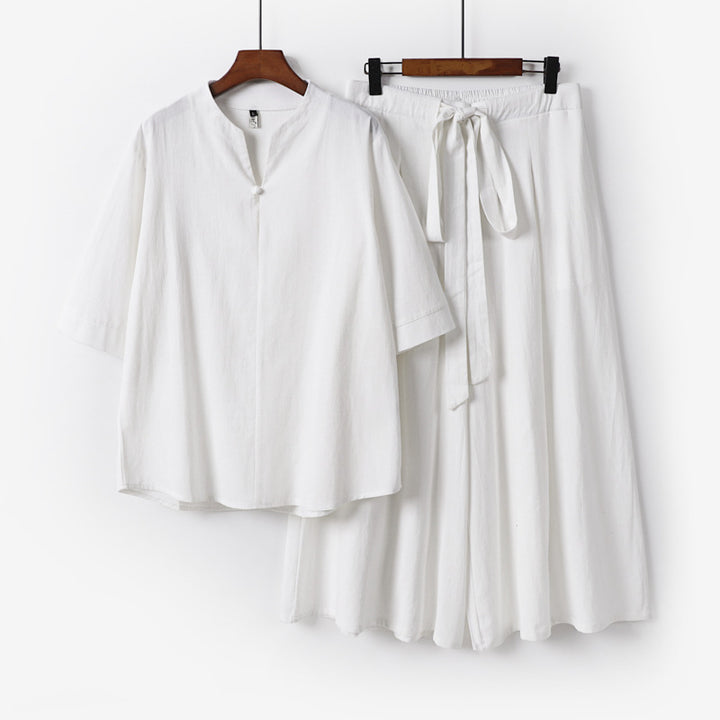 Damen Lässiges Leinen-Viskose Lounge-Set mit Stehkragen-Oberteil und weiten Palazzo-Hose Drune