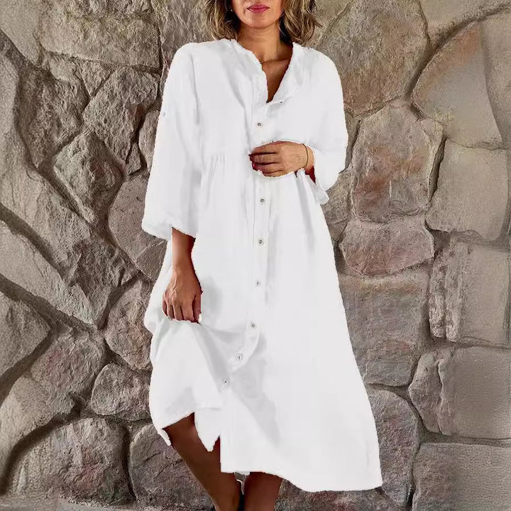 Damen Locker Midi Kleid aus Leinenmischung mit durchgehendem Knopfleiste und Seitentaschen Drune