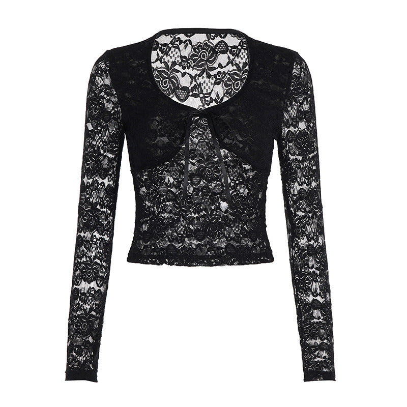 Damen Transparentes Spitzen-Cropped-Top mit langen Ärmeln und Satinschleife Drune