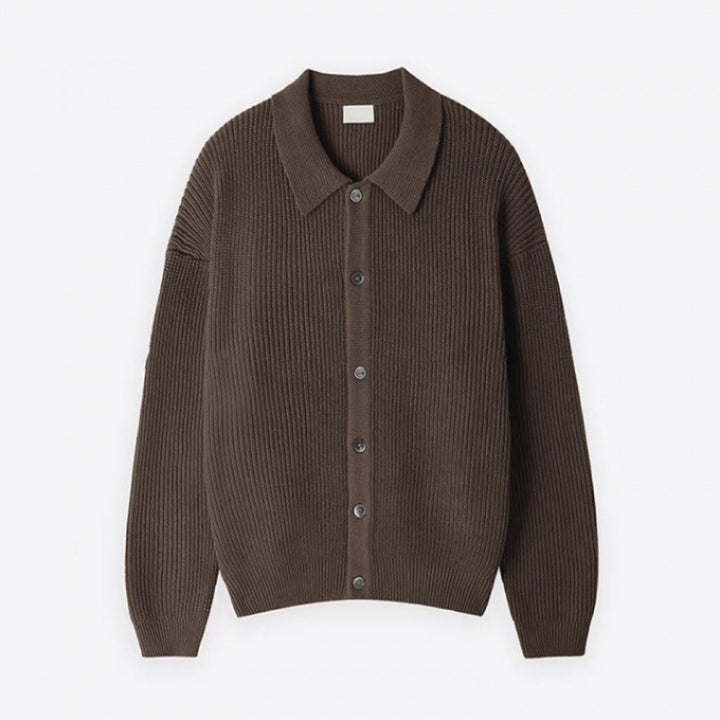 Unisex Grobgerippte Strickjacke mit Hemdkragen und durchgehender Knopfleiste Drune