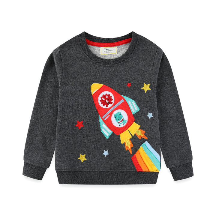 Kinder Sweatshirt mit kreativem Raketen- und Tierdesign Drune