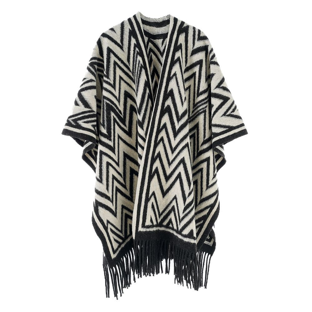 Damen Großer Fransenponcho im Oversize‑Cape mit geometrischem Zickzack‑Jacquard Drune