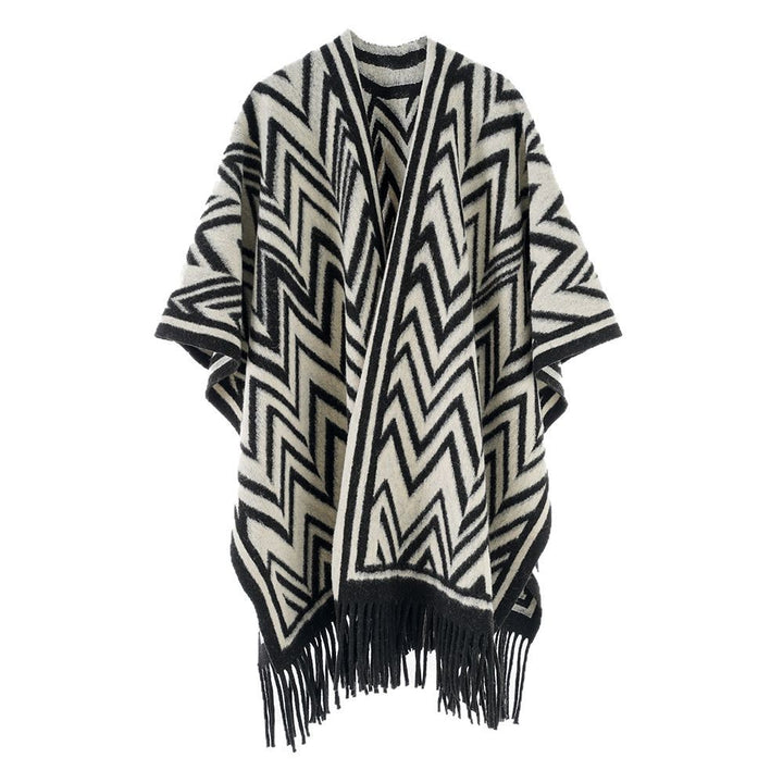 Damen Großer Fransenponcho im Oversize‑Cape mit geometrischem Zickzack‑Jacquard Drune