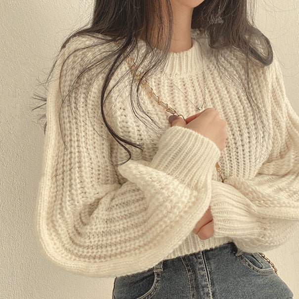 Damen grob gestrickter Pullover mit voluminösen Ärmeln und strukturierter Textur Drune