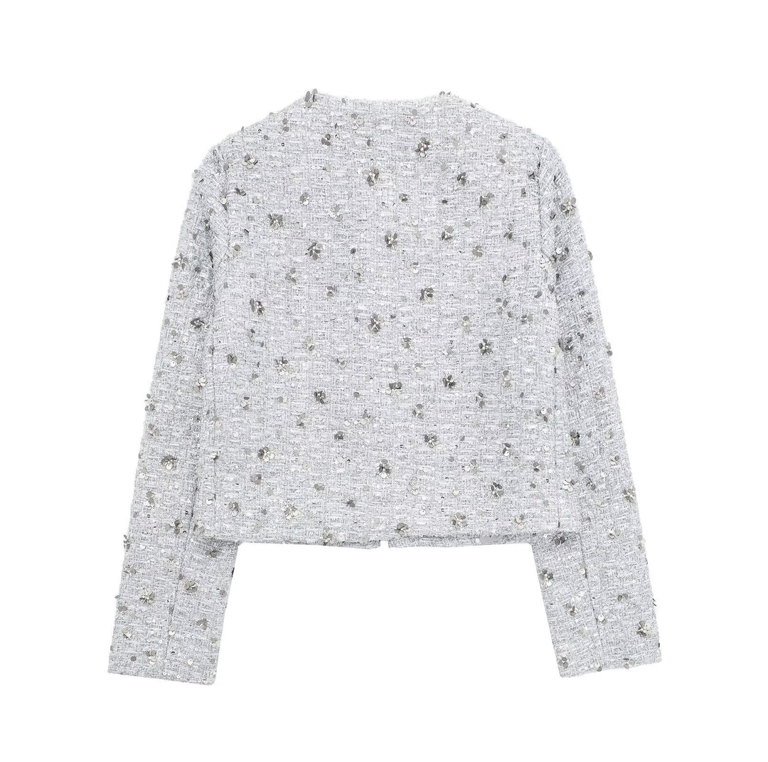 Damen nan kurz geschnittene Bouclé‑Tweedjacke mit floraler Pailletten‑Applikation und offener Front Drune