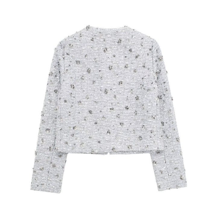 Damen nan kurz geschnittene Bouclé‑Tweedjacke mit floraler Pailletten‑Applikation und offener Front Drune