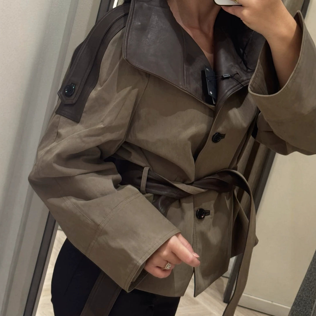 Damen Kurzjacke mit übergroßem Lederkragen und Bindegürtel Drune